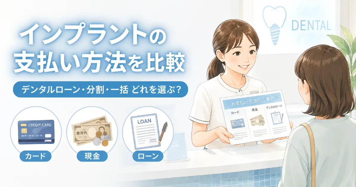 インプラント費用の支払い方法を比較|デンタルローン・分割・一括の選び方|コラムのアイキャッチ画像