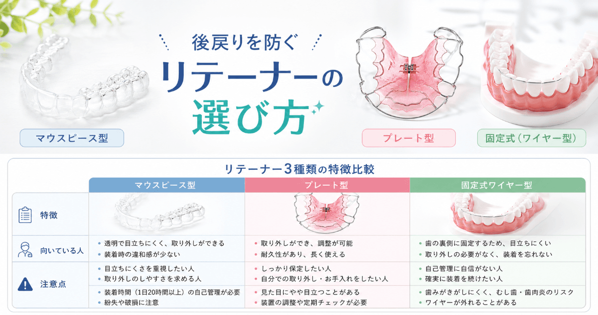 歯列矯正の後戻りとリテーナー|原因・種類・保定期間をわかりやすく解説|コラムのアイキャッチ画像